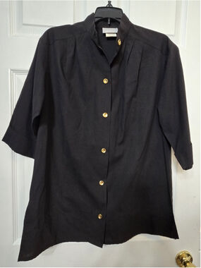 Vintage 80s 90s Blair Black Button Up Shirt Gold Buttons Mock Neck Medium